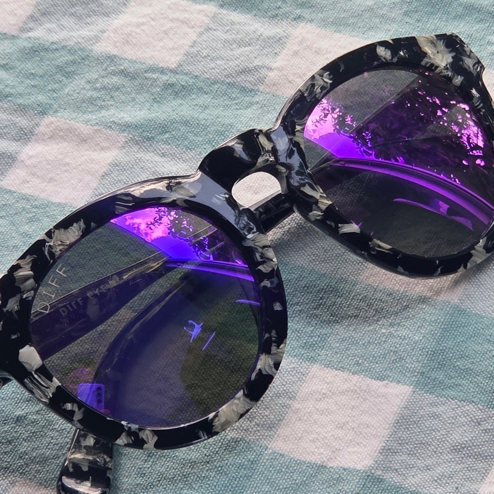 DIFF Eyewear Sunglasses Black White Marble Purple Mirror Lens Round Retro - Picture 5 of 10